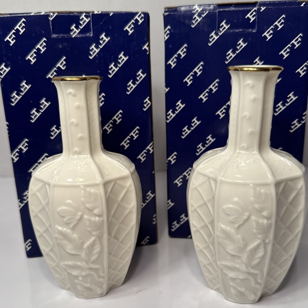 Fitz and Floyd Essentials Botanical Collection Trellis Vase Ivory Gold Rim Set 2